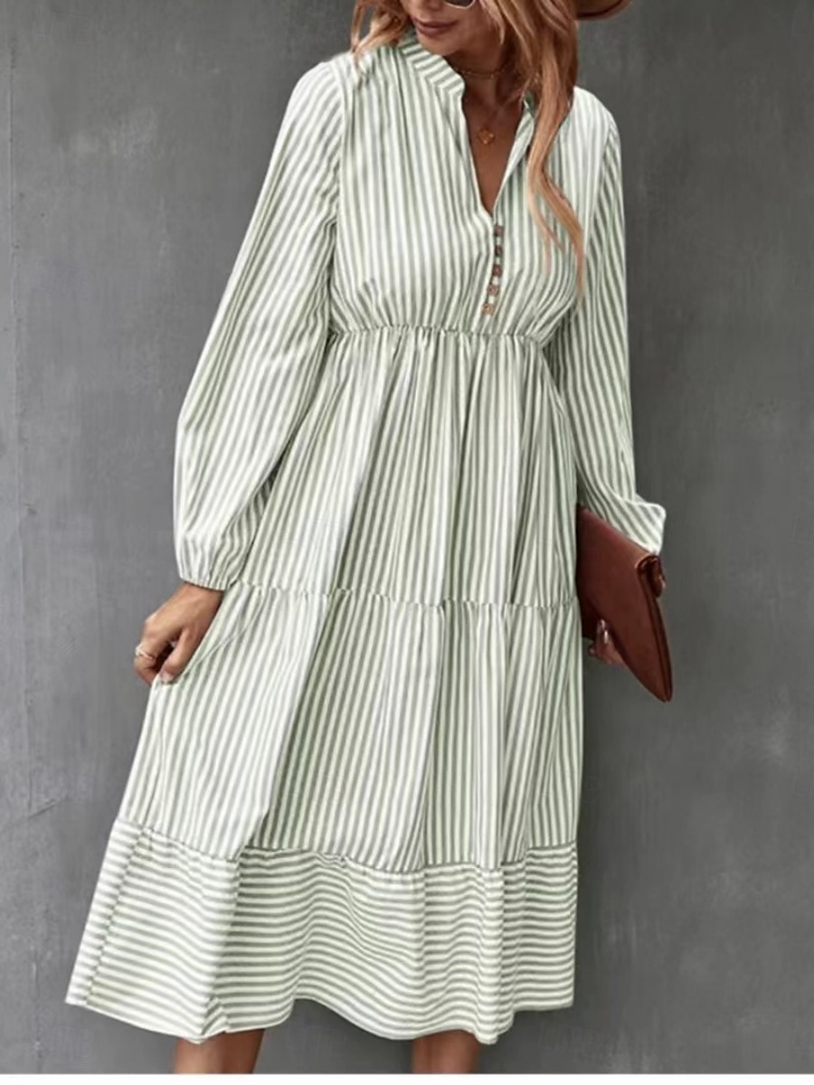 Pentru femei Rochii Midi Rochie A line Casual Zilnic Potrivire Largă Dungi Manșon Lung În V Negru Albastru piscină Trifoi Primăvară Toamnă 2025 - $39.99 –P9