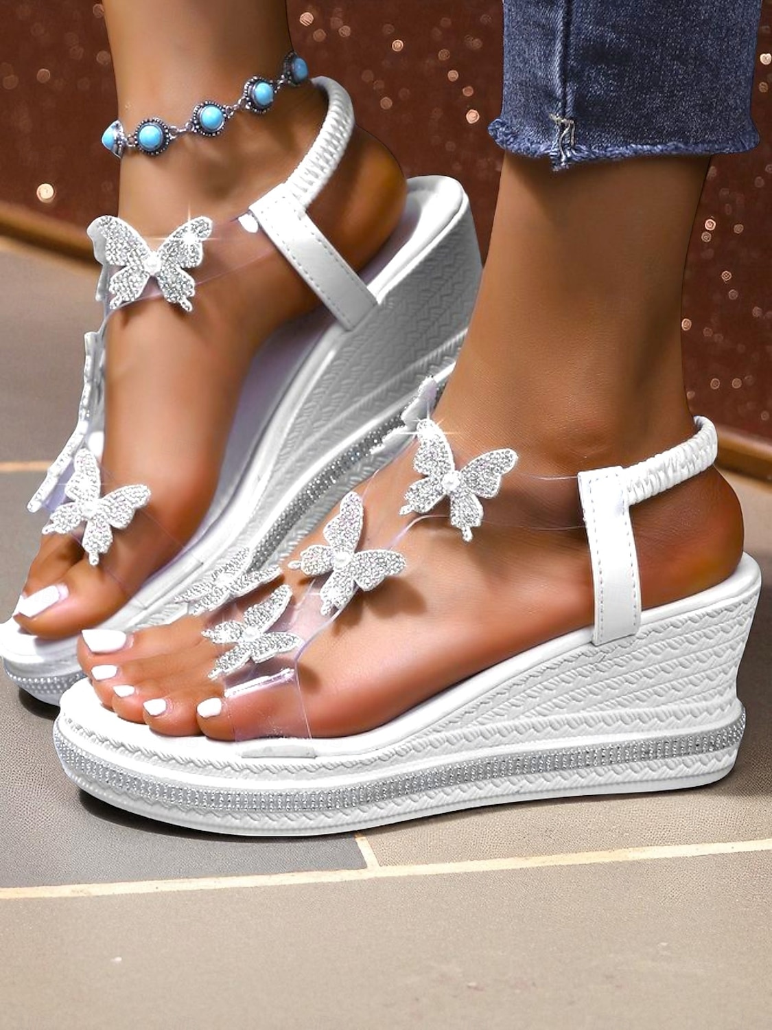 Dámské sandály s motýlím klínkem a zdobené kamínky - třpytivé boty na platformě pro noční život a klubové akce 2025 - $29.99 –P6