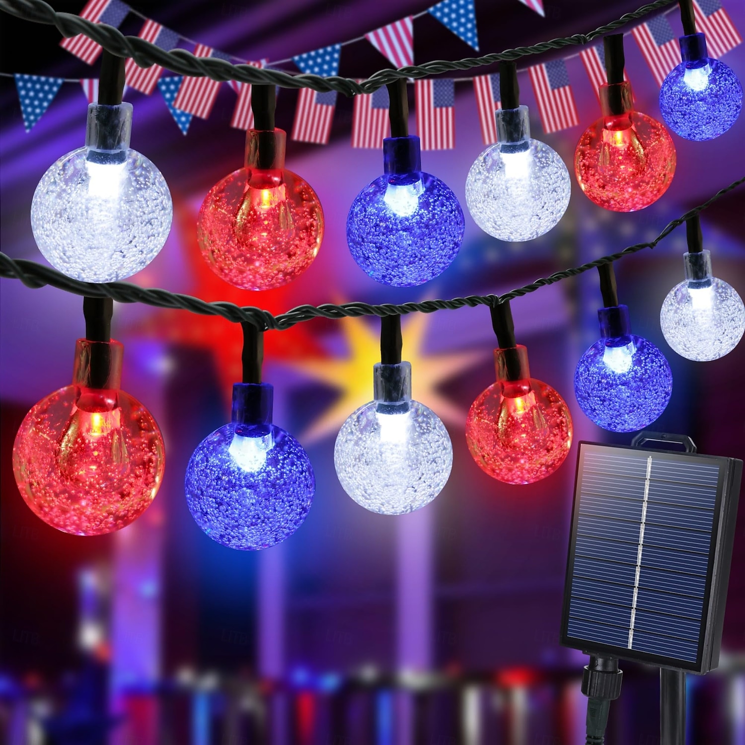 1 Stück 12 m - 100 LED-Perlen, solarbetriebene patriotische Lichterketten für den Außenbereich, wasserdicht, 4. Juli, Unabhängigkeitstag, rot-weiß-blaue Blasenkugel-Lichterkette, Hof, Gartenzaun, Balkon, Party, patriotische Atmosphäre 2025 - $23.99 –P1