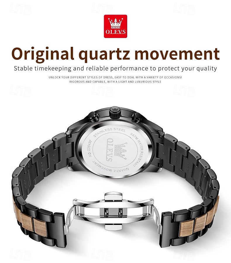 OLEVS 3645 Heren Horloge Top Merk Business Originele Kwarts Horloge Massief Hout Multifunctionele Chronograaf Maanfase Horloge 2026 - $62.99 –P7