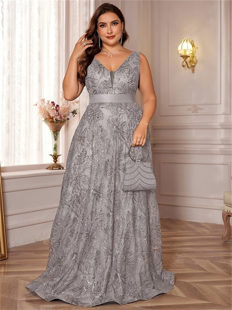 A-Linie Plus Size Kleider Elegantes Kurvenkleid Formelles Hochzeitskleid Bodenlang Ärmellos V-Ausschnitt Spitze mit Pailletten 2025 2025 - $109.99 –P12