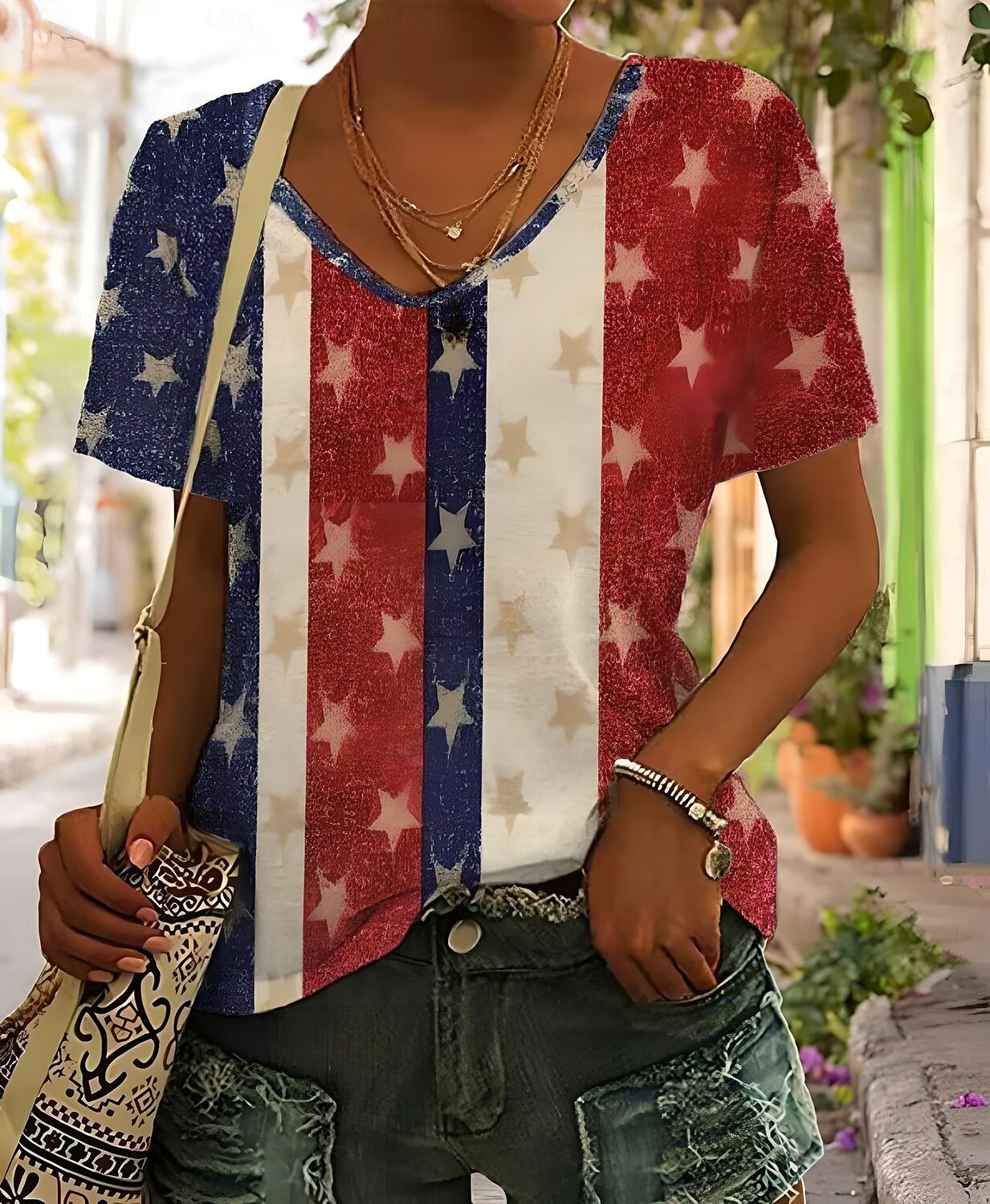 Női Hazafias T Shirt Grafikai Amerikai Zászló Vintage Stílusos Klasszikus Rövid Ujjú V Nyakú Normál Felsők Mindennapi Hétvégi Nyomtatás Kék Nyár Tavasz 2025 - $19.99 –P7