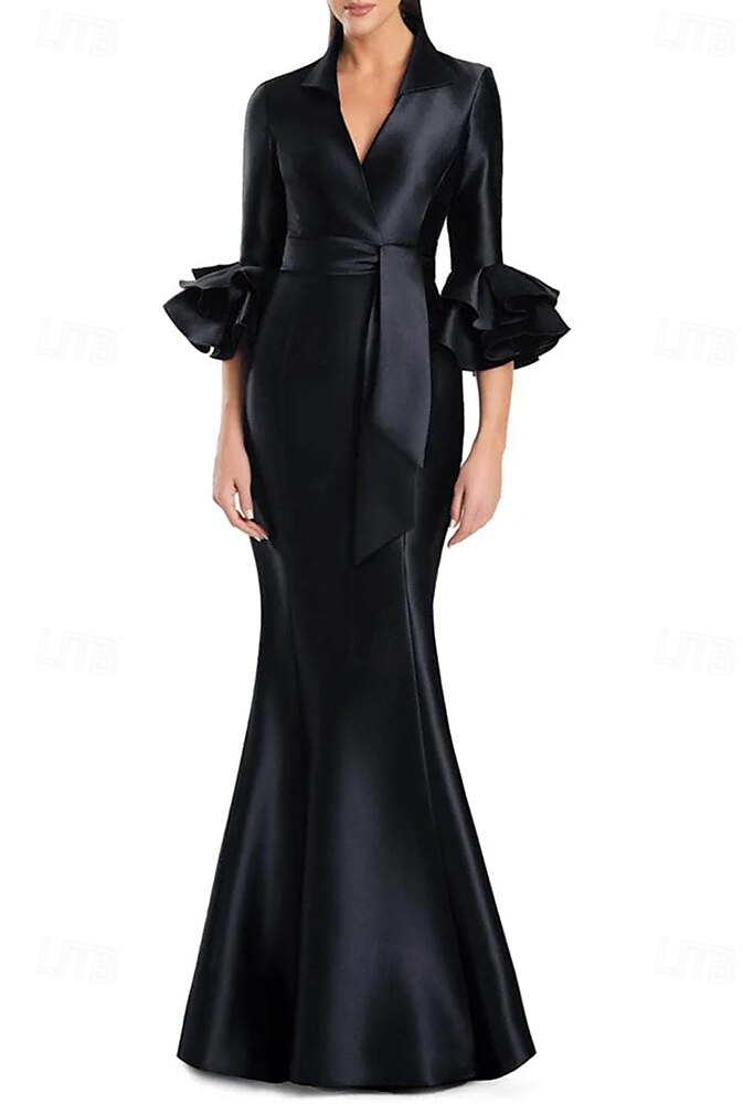 schwarz-weißes Abendkleid Meerjungfrau/Trompete Abendkleid elegantes Kleid formelle Hochzeit bodenlang Halbarm Hemdkragen Stretch-Satin mit Rüschen 2025 2025 - $139.99 –P4
