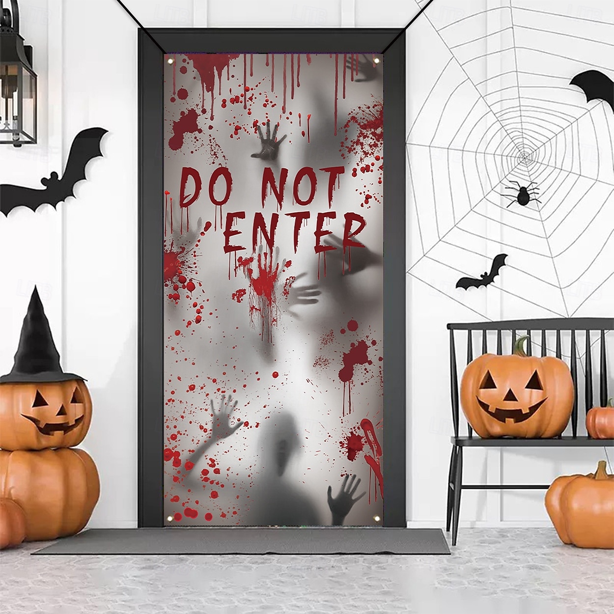 Halloweenský kryt na okno a dveře, látkové halloweenské dekorace na okno a dveře, strašidelný krvavý otisk ruky a stinná postava pro halloweenské dekorace strašidelného domu 2025 - $18.99 –P9