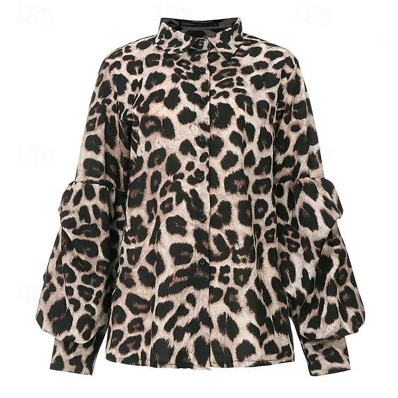 Per donna Camicia Leopardo Elegante Casual Manica Lunga Colletto a Camicia Top Regolari Quotidiano Bottoni Stampato Marrone Grigio Primavera Autunno del 2025 a $22.99 –P6