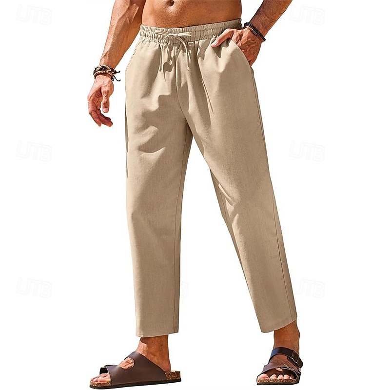 Herr Linne Byxor Långbyxor Sommarbyxor Strandbyxor Ficka Elastisk midja Snörning Slät Komfort Andningsfunktion Semester Dagligen Helgdag Hawaiisk Boho Mörkbrun Svart 2025 - $18.99 –P6