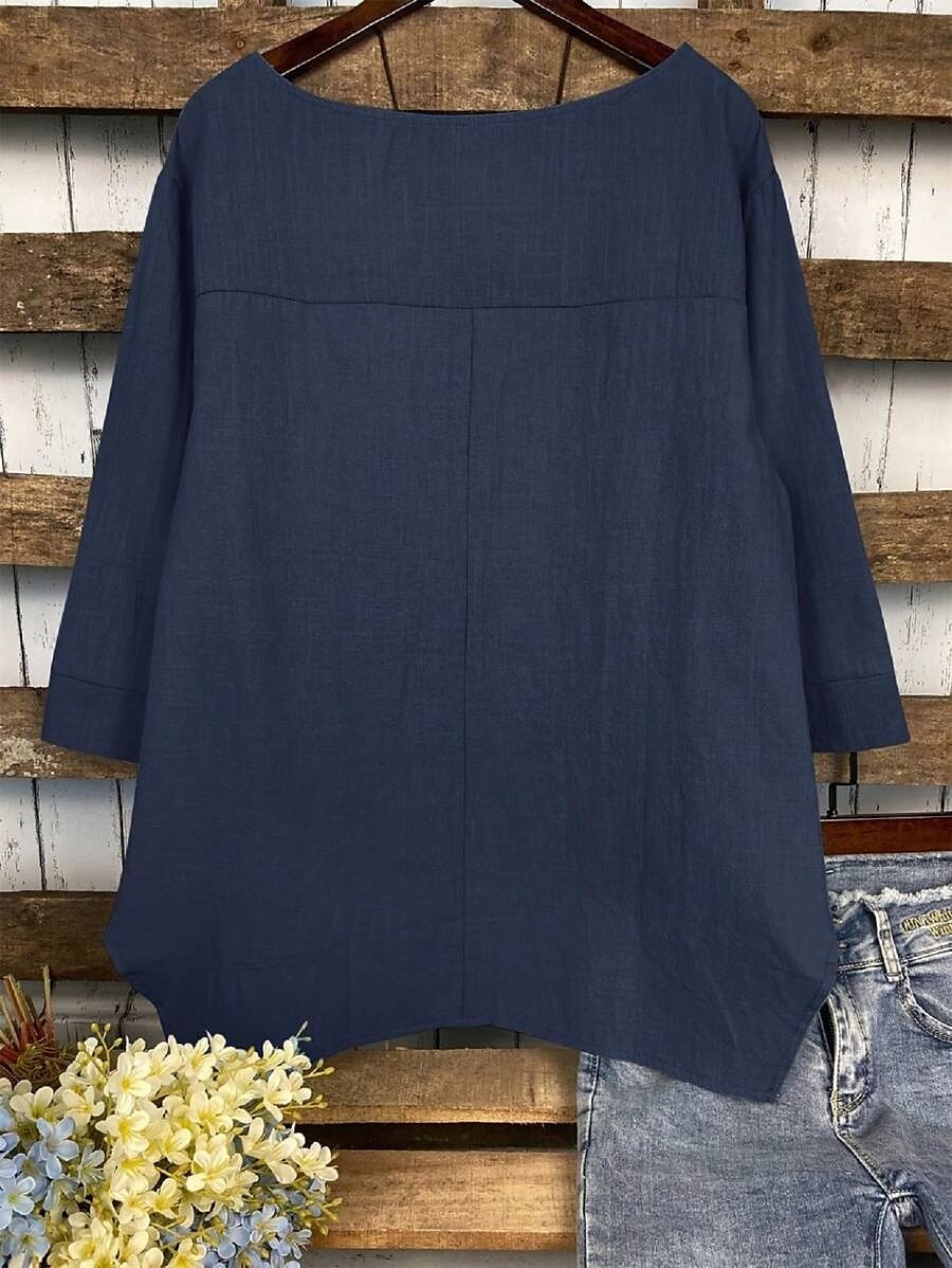 Women's Cotton Linen Blouse Solid Color Elegant Casual 3/4 Length Sleeve Crew Neck Boat Neck Regular Tops Daily Holiday Black White Navy Blue Green Summer Fall 2025 - $31.99 –P6