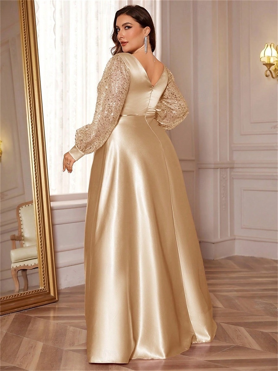 Robe A-Line Grande Taille Élégante Robe Courbe De Mariage Formelle Longue Au Sol Manches Longues Col en V En Polyester Avec Plis 2025 de 2025 ? $119.99 –P19