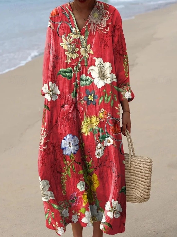 Damen Maxikleid Sommerkleid A Linie Kleid Urlaub Lässig Boho Party Ausgehen Strand Blumen Grafik Langarm V Ausschnitt Schwarz Rosa Rote Grün Sommer Frühling 2025 - $35.99 –P2