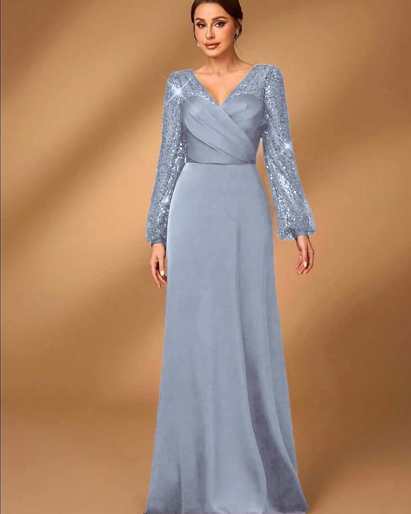 A-Line Mother of the Bride Dress Elegant Simple Minimalist V Neck Floor Length Satin Sequined Long Sleeve with Pleats 2025 - $145.99 –P5