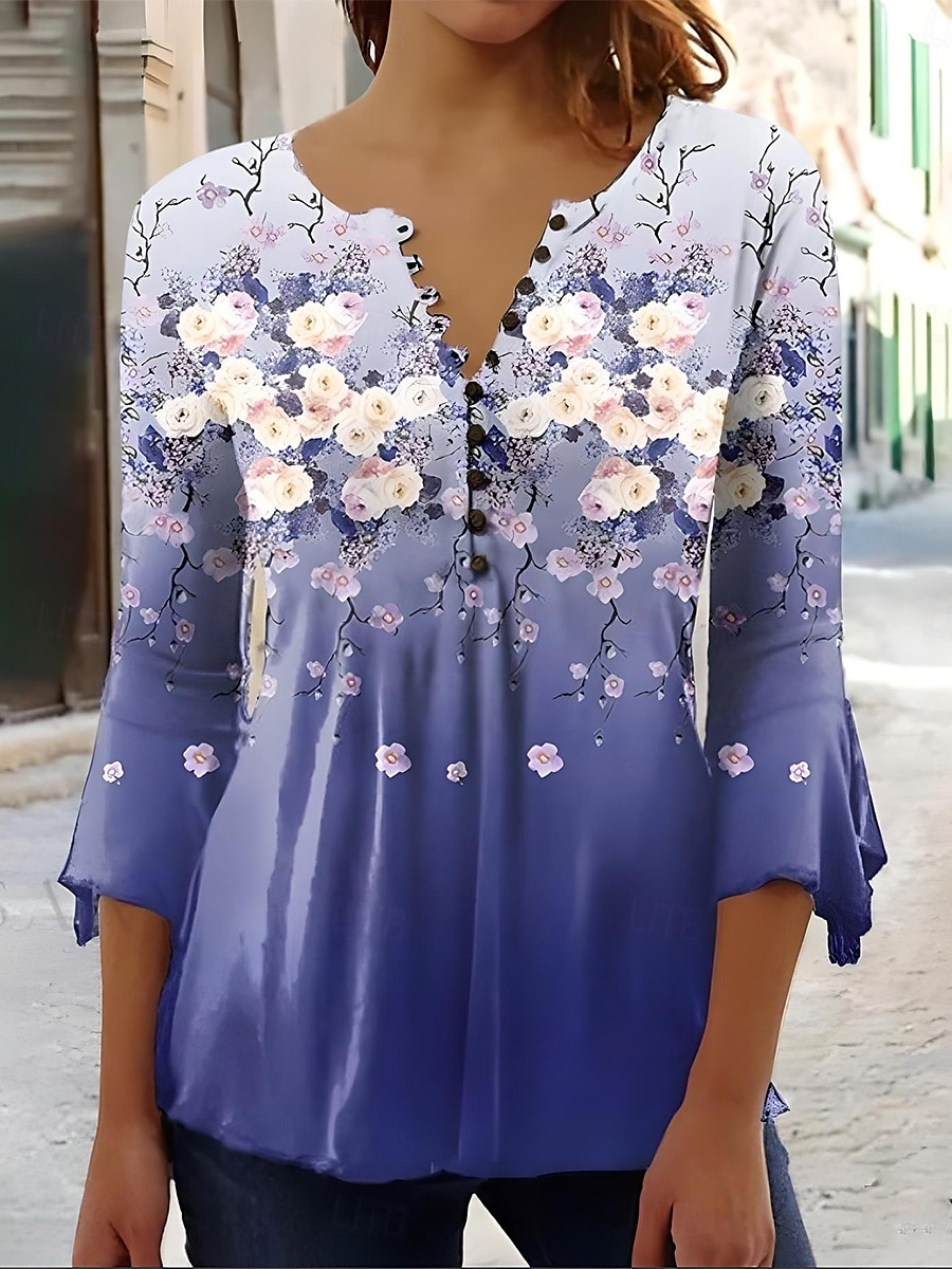 Ostern Damenbluse V-Ausschnitt Ombre Floral Grafik Elegant 3/4 Länge Ärmel Reguläre Oberteile Tägliche Ausgehen Knöpfe Weiß und Pink Blau Lila Sommer Frühling Herbst 2025 - $24.99 –P3