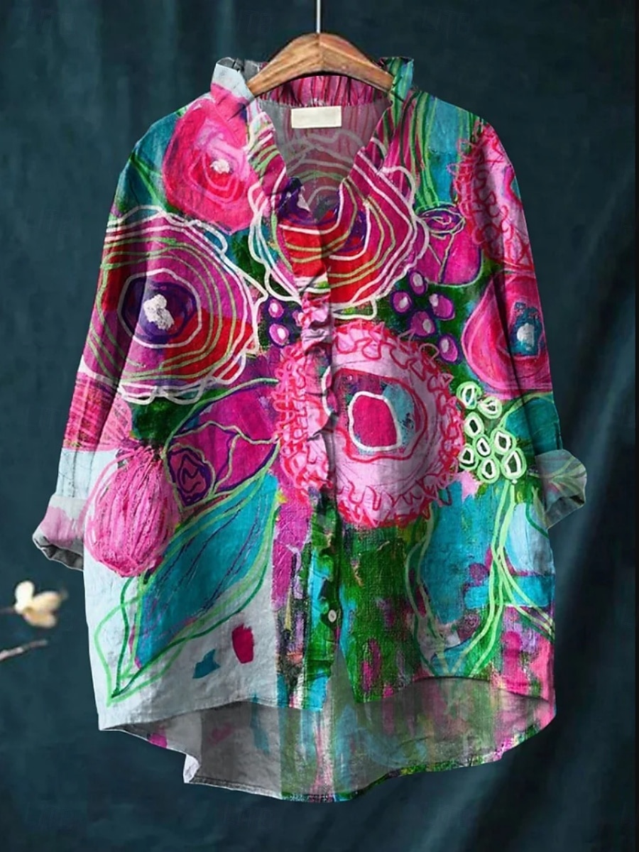 Femmes Chemise Fleuri Élégant Occasionnel manche longue Col en V Hauts Réguliers Quotidien Boutons Imprimé Rose Claire Rouge Bleu Fuchsia Vert Été Printemps de 2025 ? $25.99 –P3