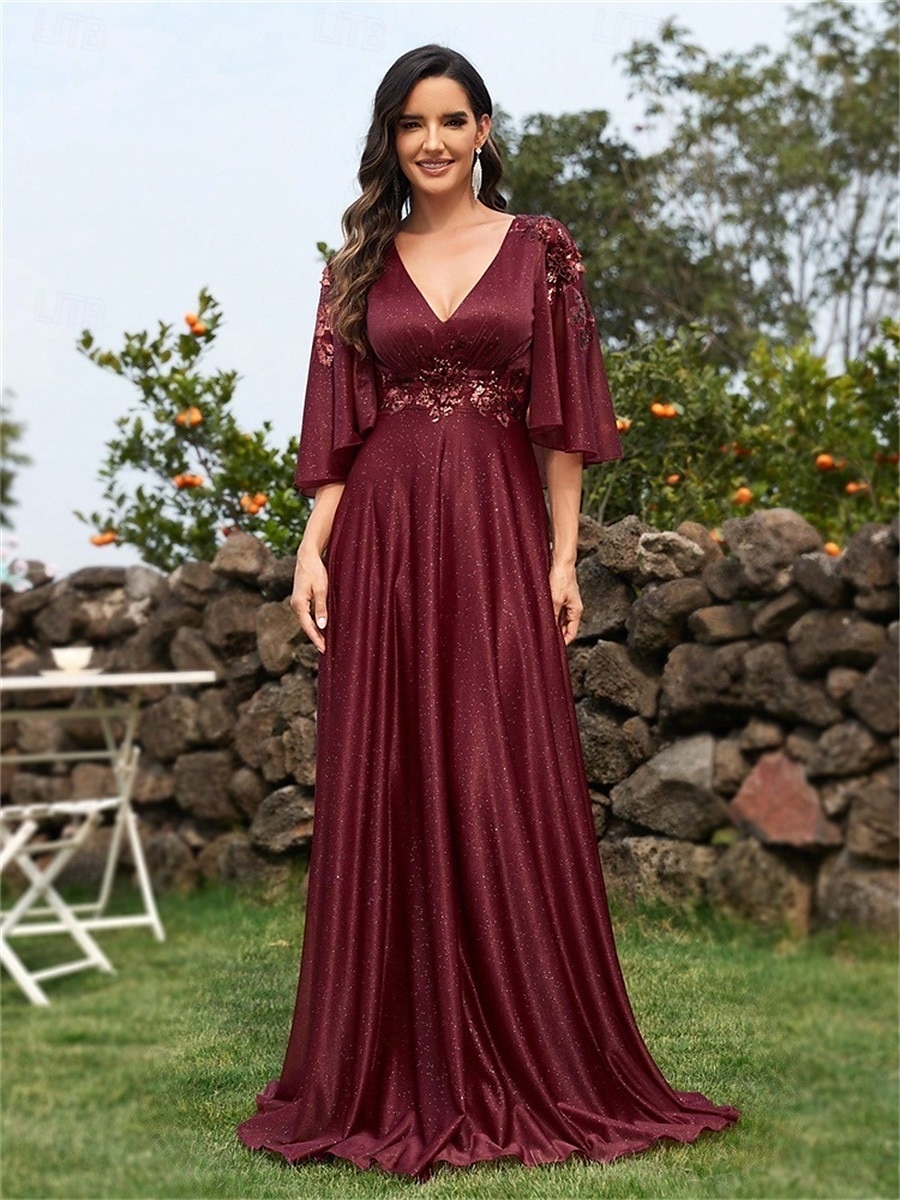 Robes de quinceanera en A élégante robe formelle mariage longueur au sol manches 3/4 en V chiffon dos en V avec plis de 2025 ? $99.99 –P11