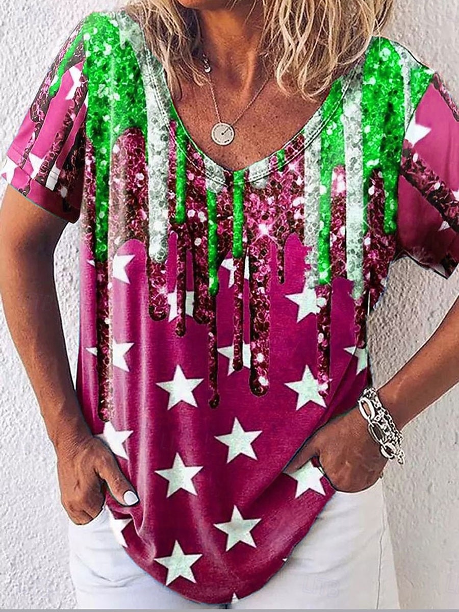 Tricou patriotic pentru femei grafic cu steag elegant casual cu mânecă scurtă cu decolteu în V tops regulate pentru zi cu zi imprimeu albastru regal albastru fucsia verde vară primăvară 2025 - $19.99 –P6