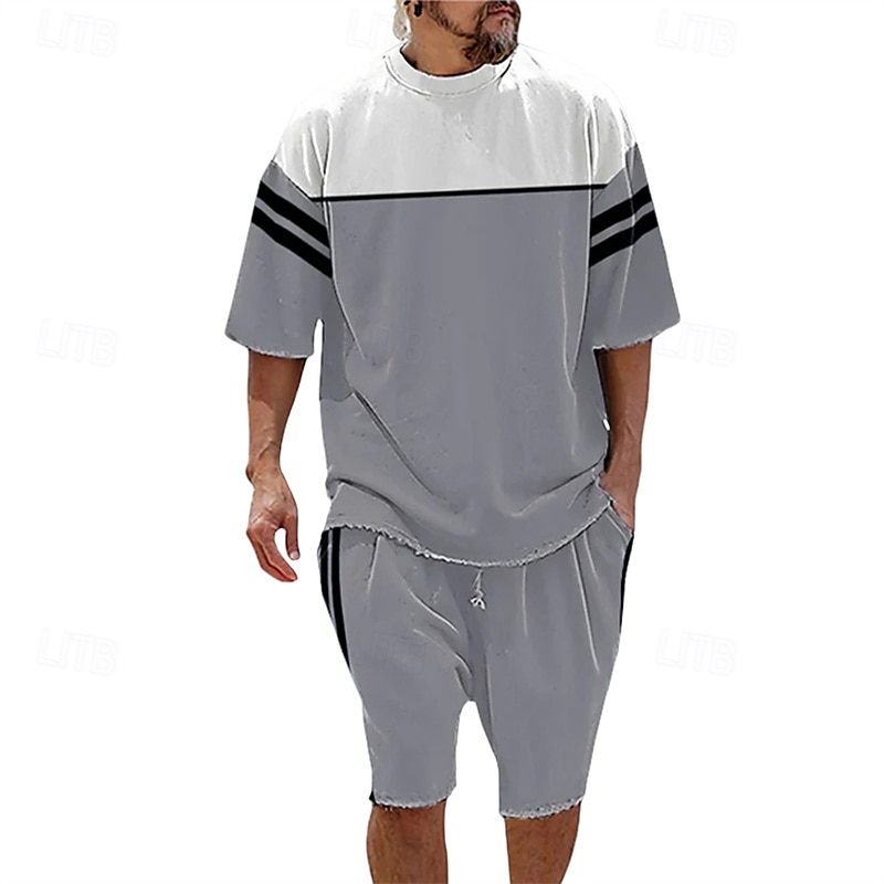 Voor heren T-shirt past 2 stuks outfits T-shirt en korte broek Korte mouw Strakke ronde hals Zomer Kleurenblok Modieus Casual 2-stuks Vakantie Alledaagse kleding Uitgaan Zwart Blauw Groen Top T-shirt 2025 - $26.99 –P2