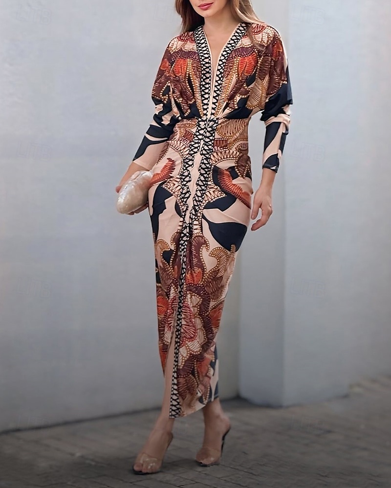 Femmes Robe Midi Robe Portefeuille Vacances Occasionnel Boho Extérieur Sortir Plage Coupe Ample Fleuri Graphique Paisley manche longue Col en V Orange Été Printemps de 2025 ? $41.99 –P1