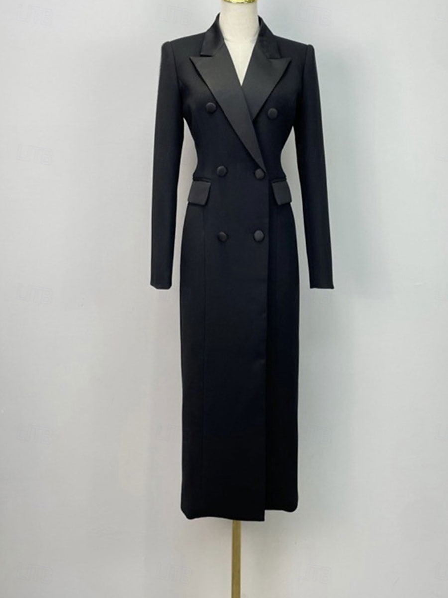 Smokingkleid Mantel Formell Hochzeitsgast Formeller Abend Satin Elegant Langarm Knöchellänge Hemdkragen Doppelreihig 2025 - $149.99 –P3