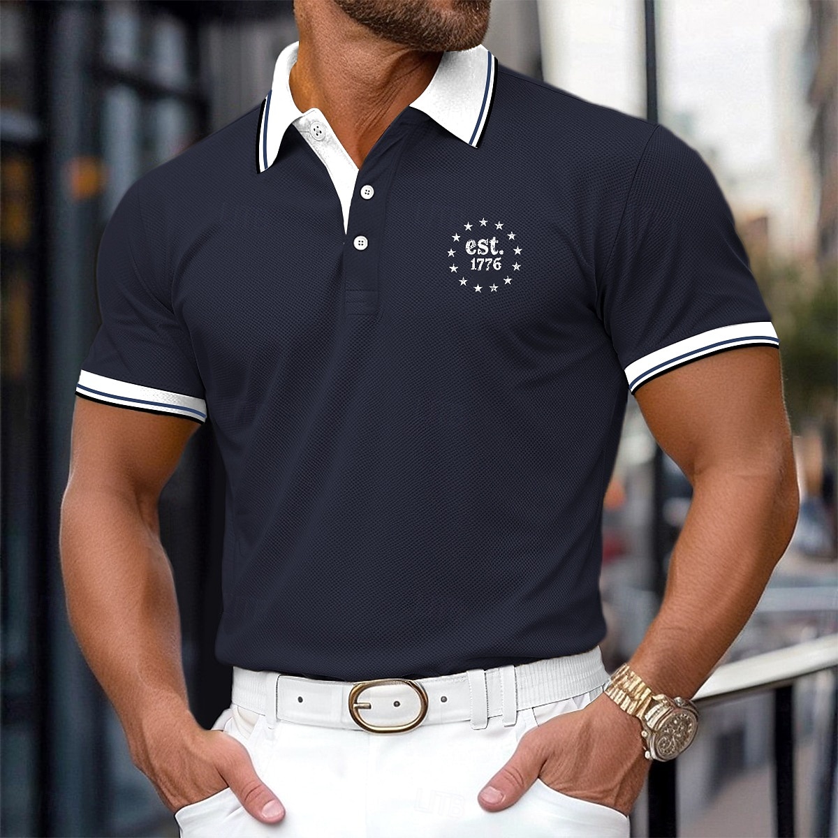 Férfi Golfing Hétköznapi Sport Hajtóka Bordás pólógallér Rövid ujjú Alap Modern Színes Sas Kollázs Gombok Nyár Sárga Rubin Sötétkék Szürke Golfing 2025 - $23.99 –P11