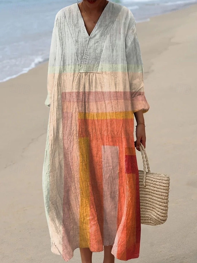Pentru femei Rochii Midi Rochie de Vară Rochie A line Vacanță Casual Boho Ieșire Plajă Potrivire Largă Grafic Geometric Dunga Manșon Lung În V Negru Portocaliu Trifoi Gri Deschis Vară Primăvară 2025 - $35.99 –P4