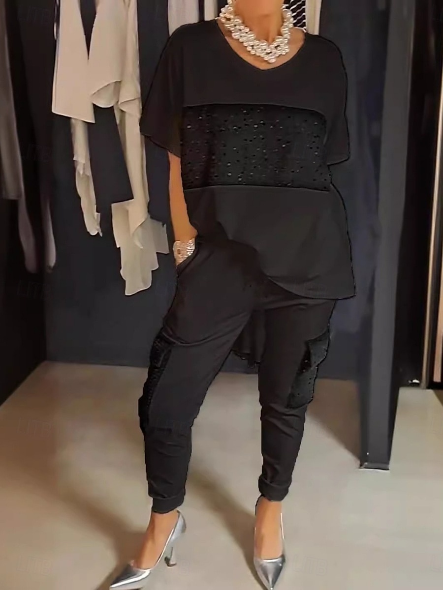 Pentru femei Modă Șic Stradă Zilnic Seturi de pantaloni Manșon Jumate Rotund Dungi Imprimeu Casual Zilnic Negru Alb Mov Vară Fit regulat 2025 - $37.99 –P2