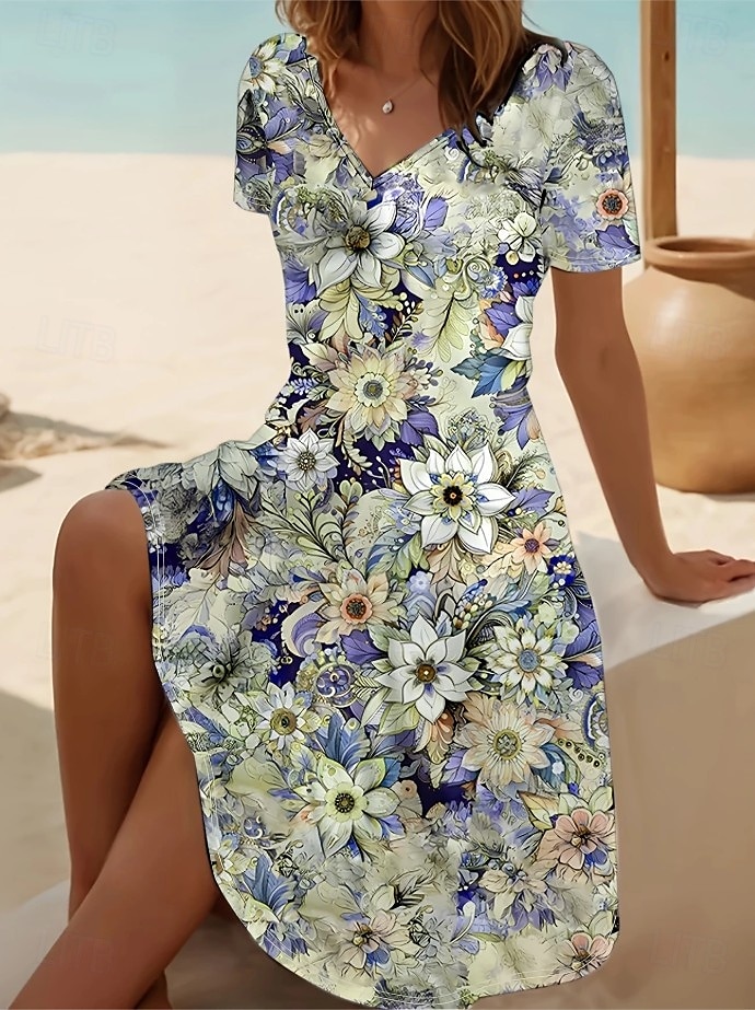 Damen Midikleid T-Shirt-Kleid Sommerkleid A Linie Kleid Urlaub Lässig Strand Ausgehen Strand Normale Passform Blumen Grafik Kurzarm V Ausschnitt Graues Rosa Hellgrün Blau Purpur Sommer Frühling 2025 - $23.99 –P1