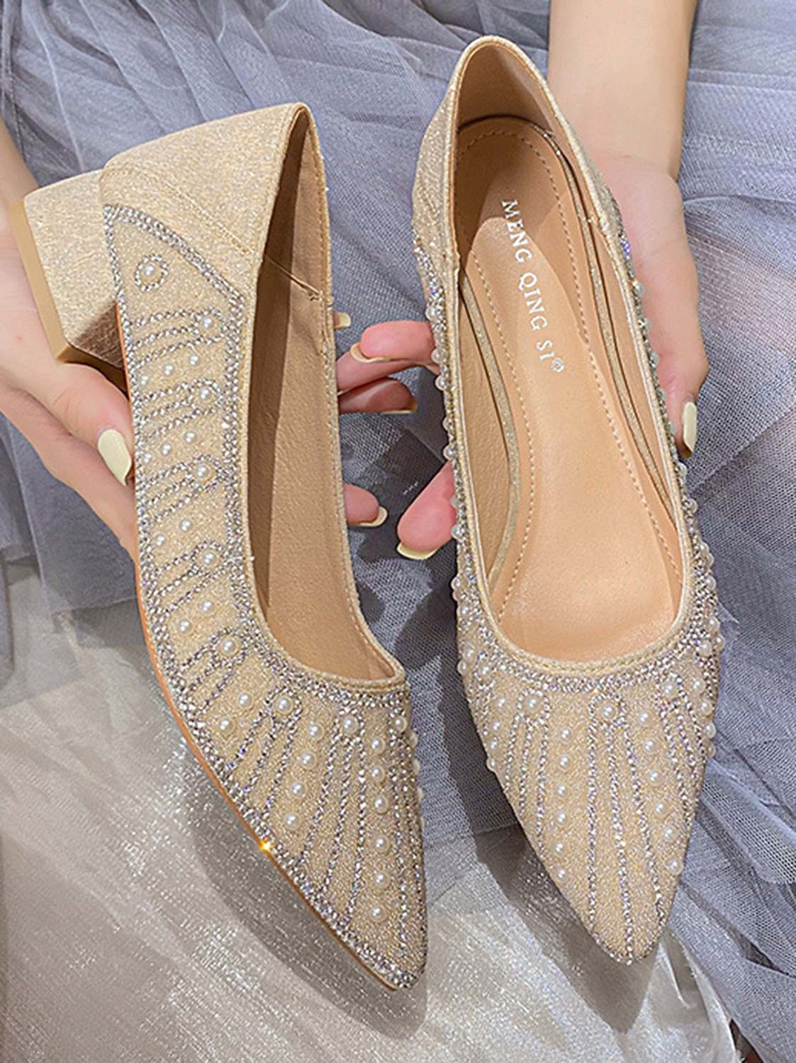 Pärlprydda spetsiga blockklackar för kvinnor, eleganta glitterpumps för cocktailpartyn och formella evenemang 2026 - $46.99 –P5