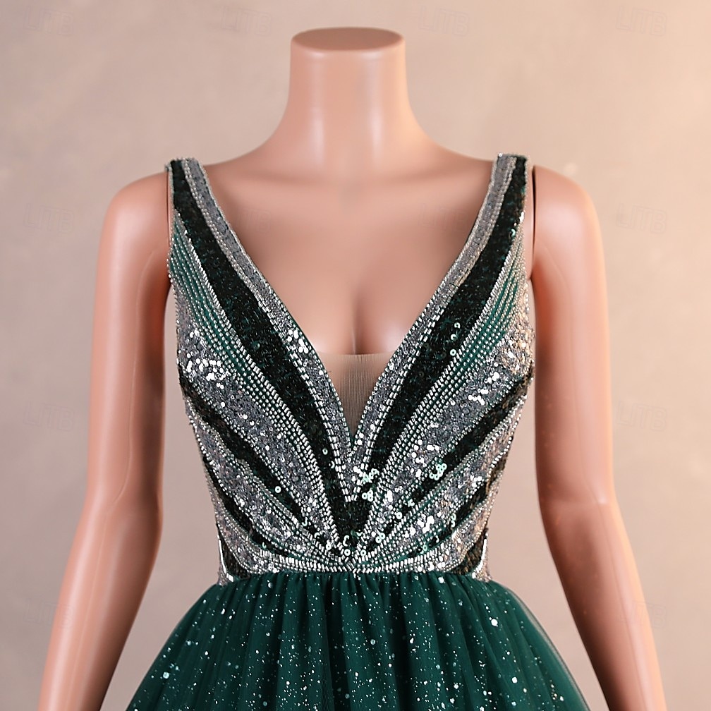 Ballkleid Abendkleid Elegantes Kleid Formale Promenade knöchellang ärmellos V-Ausschnitt Tüll mit Glitzer Pailletten 2025 - $236.69 –P2