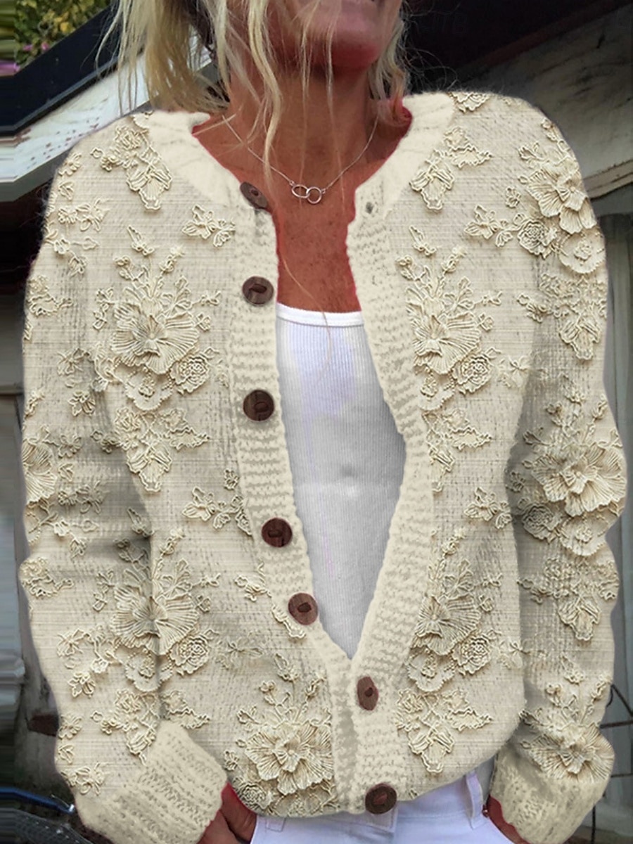 Damen Pullover Strickjacke Elegant Mode Streetwear Blumen Rundhalsausschnitt Tasche Gestrickt Druck Langarm Normale Oberteile Stricken Outdoor Täglich Wochenende Weiß Blau Herbst Winter 2025 - $31.99 –P2