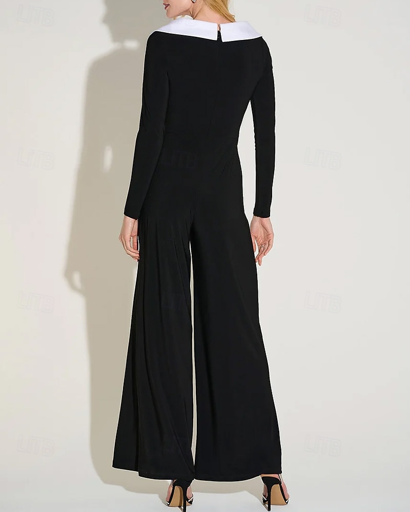 Tuta Nero e Bianco  Tuta da Mamma della Sposa Elegante Semplice Minimalista V Neck Collo a Revers Lungo alla Caviglia Crepe Elastico Maniche Lunghe con Blocco di Colore del 2025 a $157.99 –P3