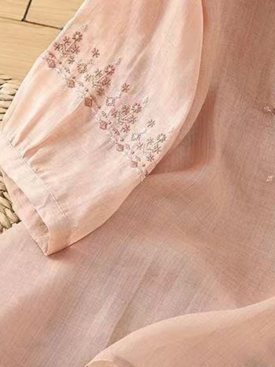 Dame Skjorter i bomullslin Helfarge Grunnleggende Fritid 3/4 ermer Crew-hals Vanlige topper Daglig Broderi Knapper Rosa Blå Aprikos Sommer 2025 - $17.99 –P9