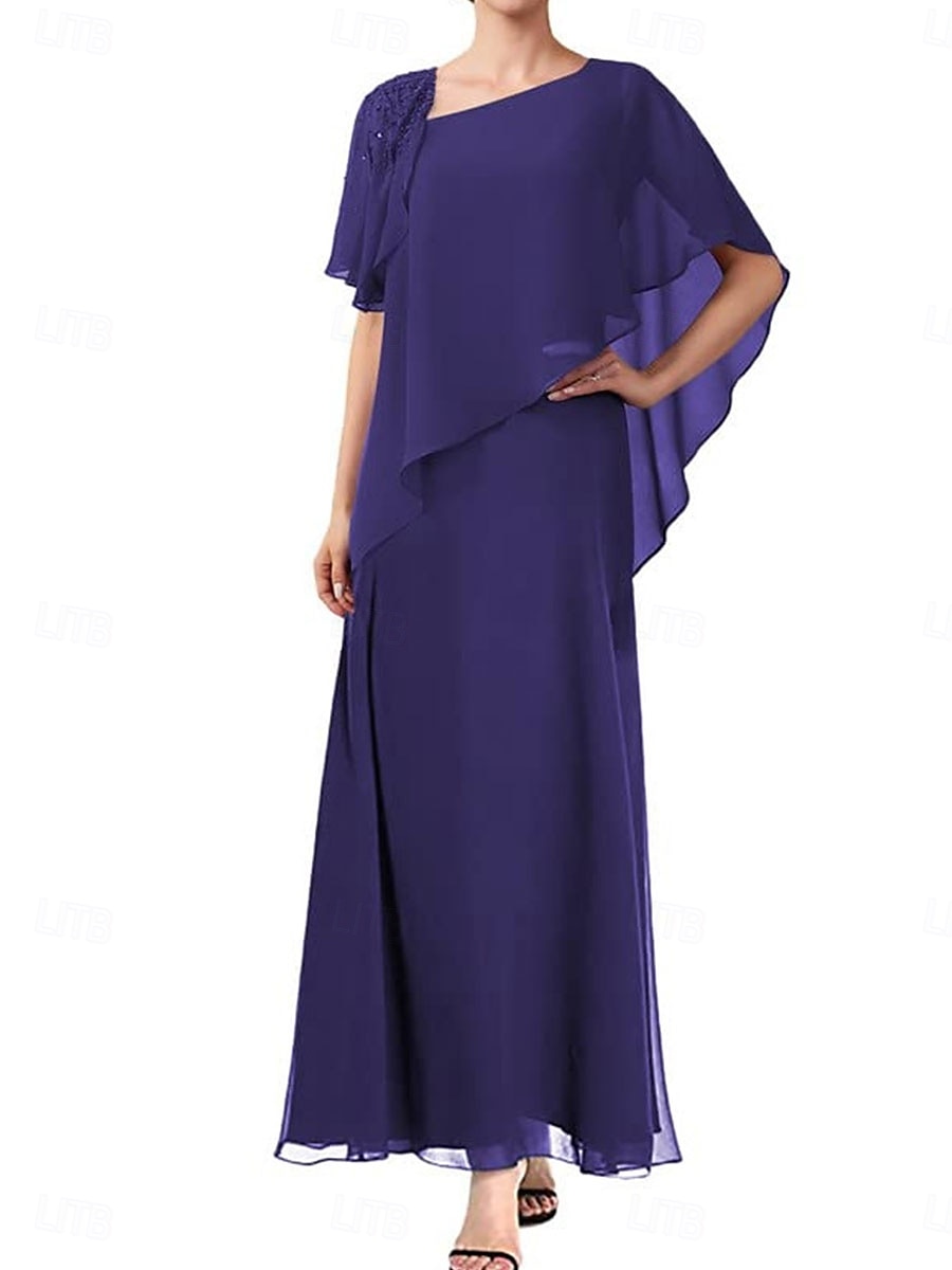 A-Line Mother of the Bride Dress Elegant Simple Square Neck Ankle Length Chiffon Short Sleeve with Solid Color 2025 - $109.99 –P8