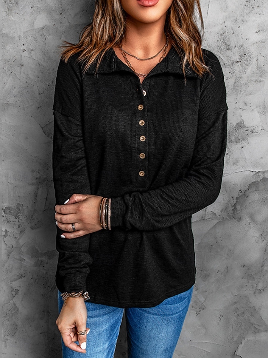 Damen Bluse Knöpfe Einfarbig Stilvoll Basic Lässig Langarm Hemdkragen Normale Oberteile Täglich Schwarz Weiß Marineblau Himmelblau Khaki Sommer Frühling Herbst 2026 - $26.99 –P4