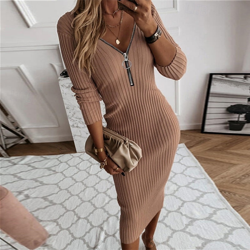 Dámské Midi šaty Pletené šaty Bodycon Klasické Moderní Dovolená Denní Víkend Běžný Bez vzoru Dlouhý rukáv Do V Černá Bílá Khaki Podzim 2025 - $26.99 –P1