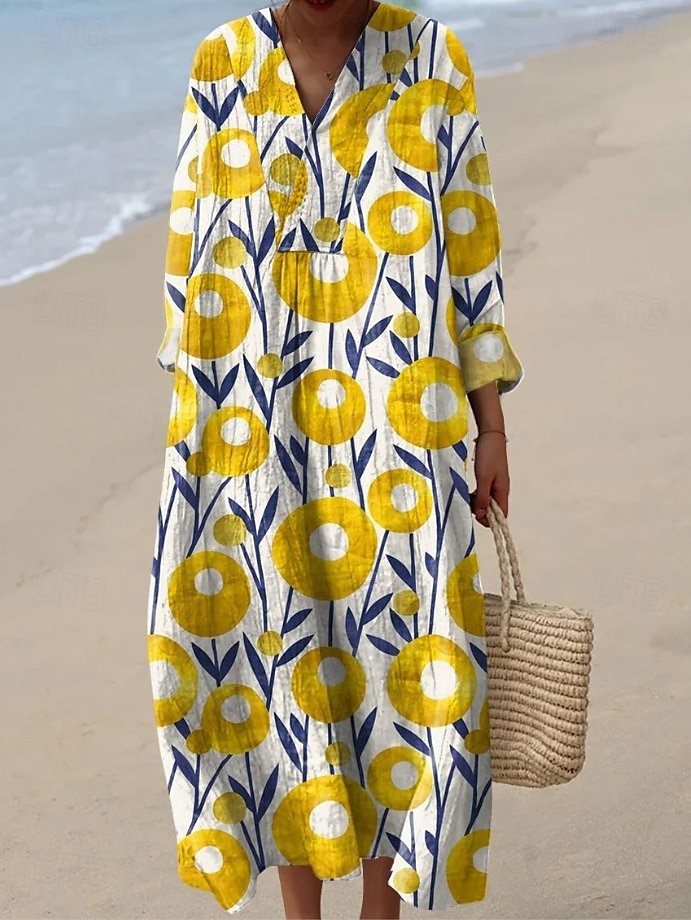 Damen Midikleid Sommerkleid A Linie Kleid Urlaub Lässig Boho Party Ausgehen Strand Blumen Grafik Abstrakt Langarm V Ausschnitt Asche Weiß Gelb Rosa Sommer Frühling 2025 - $35.99 –P5