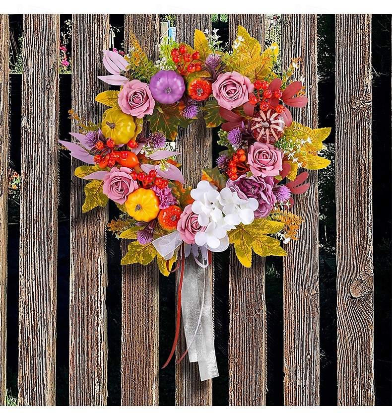 Couronne d'automne pour porte d'entrée, Thanksgiving, récolte d'automne, décoration intérieure et extérieure, couronne de vigne de roses et de citrouilles, panneau de porche de ferme rustique suspendu de 2025 ? $29.99 –P7