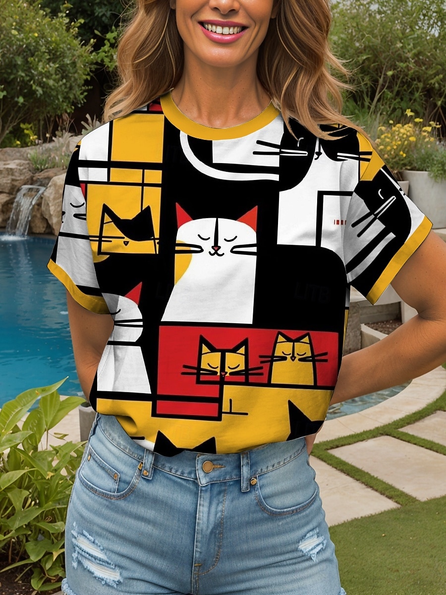 Pentru femei Tricou Grafic Geometric Pisica Epocă Stilat Clasic Manșon scurt Stil Nautic Rotund Topuri obișnuite Zilnic Sfârșit de săptămână Imprimeu Galben Roșu-aprins Albastru piscină Vară Primăvară 2025 - $21.99 –P5