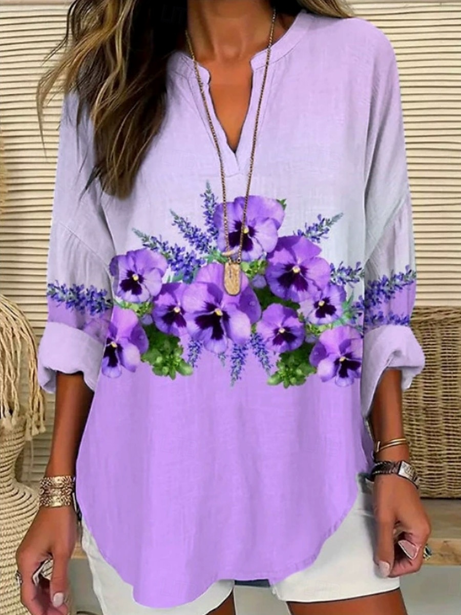 Damen Bluse Ombre Blumen Grafik Elegant Täglich Stilvoll Langarm V Ausschnitt Einkerbiger Ausschnitt Normale Oberteile Täglich Ferien Druck Weiß Violett Purpur Fuchsie Violett Sommer Frühling 2025 - $24.99 –P3