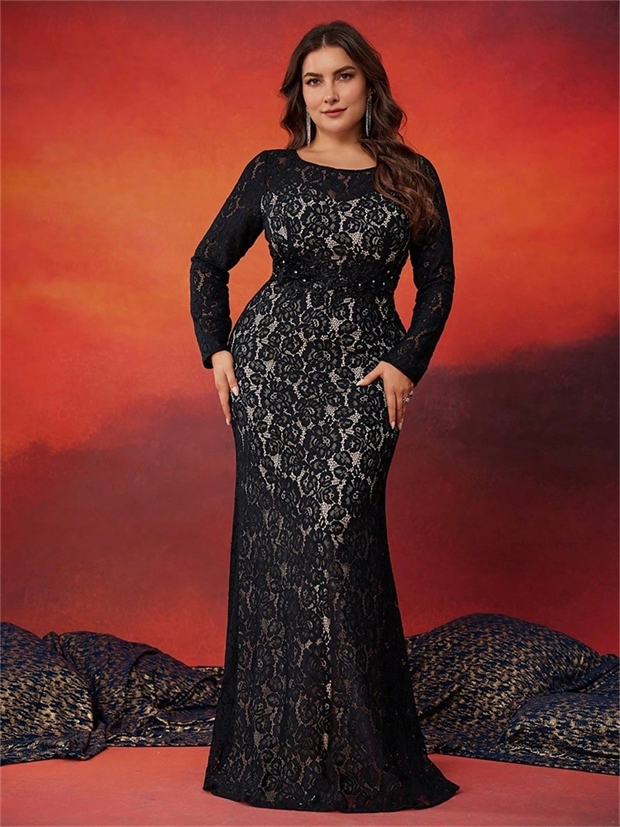 Meerjungfrau  Trompete Plus Size Kleider Elegantes Kurven Kleid Formelle Hochzeit Bodenlänge Langarm Rundhalsausschnitt Spitze mit Schlitz 2025 - $109.99 –P1