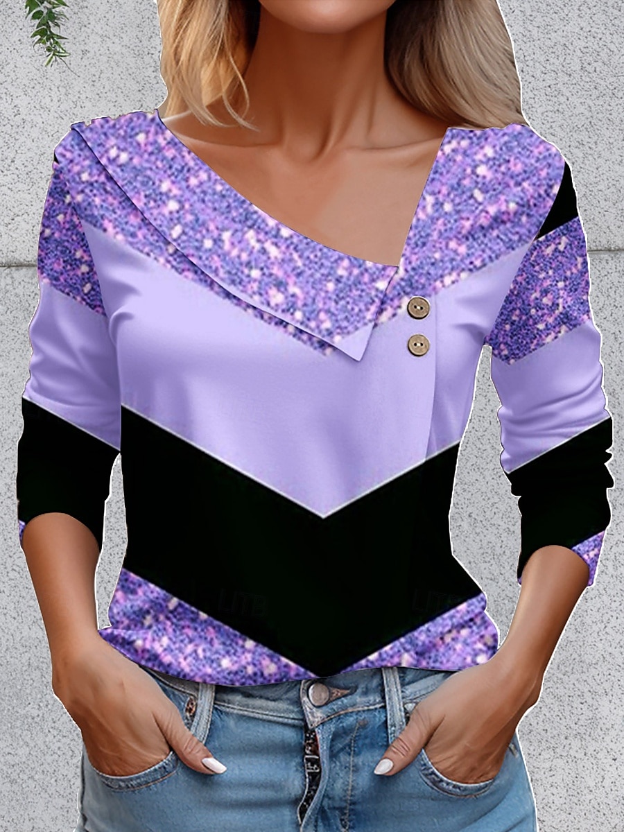 Dame T skjorte Grafisk Geometrisk Årgang Stilfull Grunnleggende Langermet Asymmetrisk hals Vanlige topper Daglig Ut på byen Helg Knapper Rosa Blå Lilla Grønn Sommer Vår 2025 - $22.99 –P4