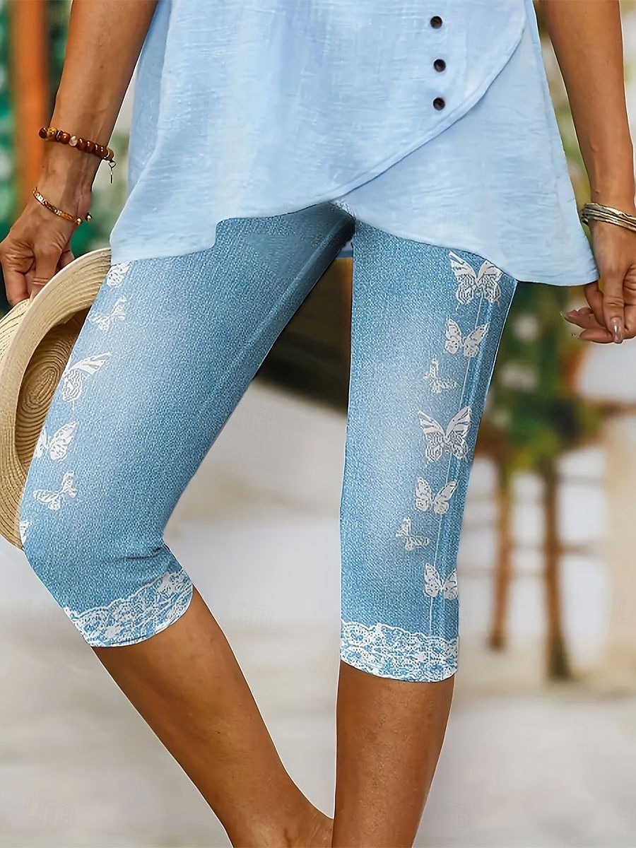 Women's Leggings Capri Pants 3D Print High Elasticity Vacation Vintage Fashion Calf-Length High Waist Butterfly Abstract Printing Breathable Soft Stretchy Formal Outdoor Vacation Robin's Egg Blue 2025 - $18.99 –P4