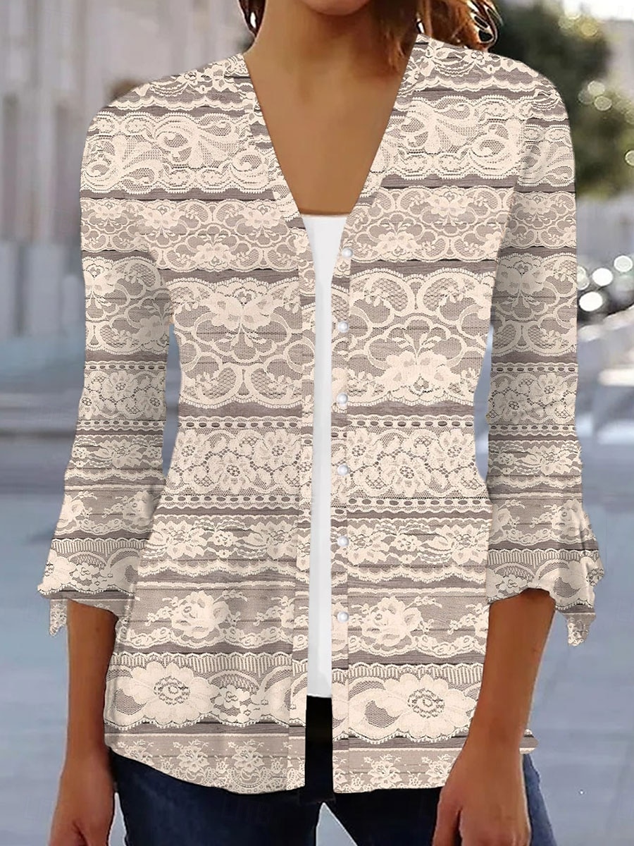 Dame T skjorte Grafisk Stripet Elegant Årgang Stilfull 3/4 ermer V-hals Vanlige topper Daglig Trykt mønster Navyblå Beige Lyseblå Sommer 2025 - $29.99 –P2