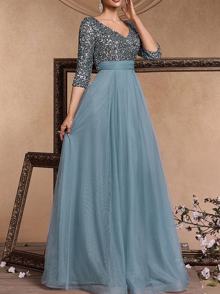 Vestido de Gala em A Vestido Elegante Formal Casamento Comprimento do Chão Manga 3/4 Decote em V Com Lantejoulas com Lantejoulas de 2025 por $119.99 –P7