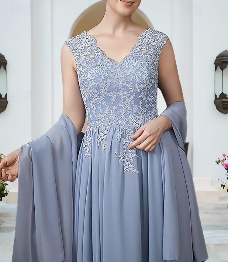 Linea ad A Abiti per invitati a matrimoni Elegante Vestito Ospite di nozze Fidanzamento Lunghezza al pavimento Senza Maniche Scollo a V Chiffon con Applicazioni Scialle 2025 del 2025 a $177.99 –P4