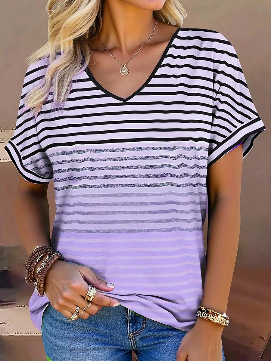Women's T Shirt Graphic Geometric Striped Stylish Modern Casual Short Sleeve V Neck Regular Tops Daily Print Pink Blue Purple Green Summer Spring 2025 - $19.99 –P5
