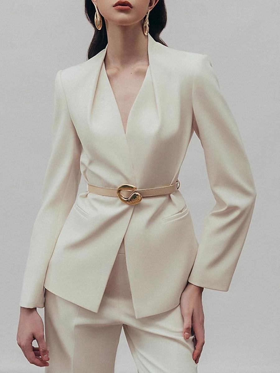 Tvådelad Byxdress Brudens Mor Kragefri Plisserad Blazer Set V-Nacke Långa Ärmar Golvlängd Byxor 2025 - $169.99 –P7
