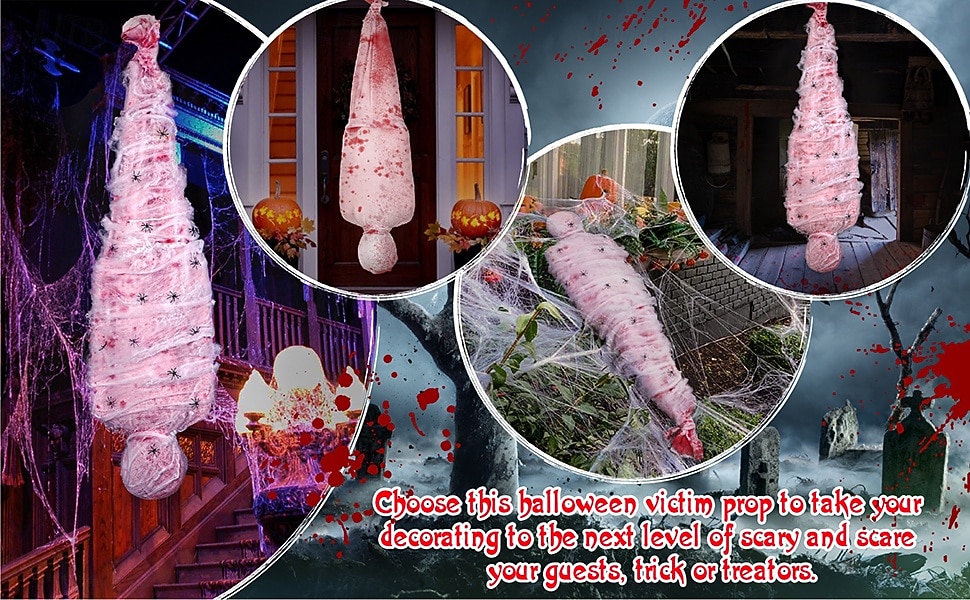 Adereços de Halloween para ambientes internos e externos - corpo de cadáver assustador com teia de aranha falsa e decoração de árvore pendurada, material plástico de estilo contemporâneo, sem penas, de 2025 por $23.99 –P11