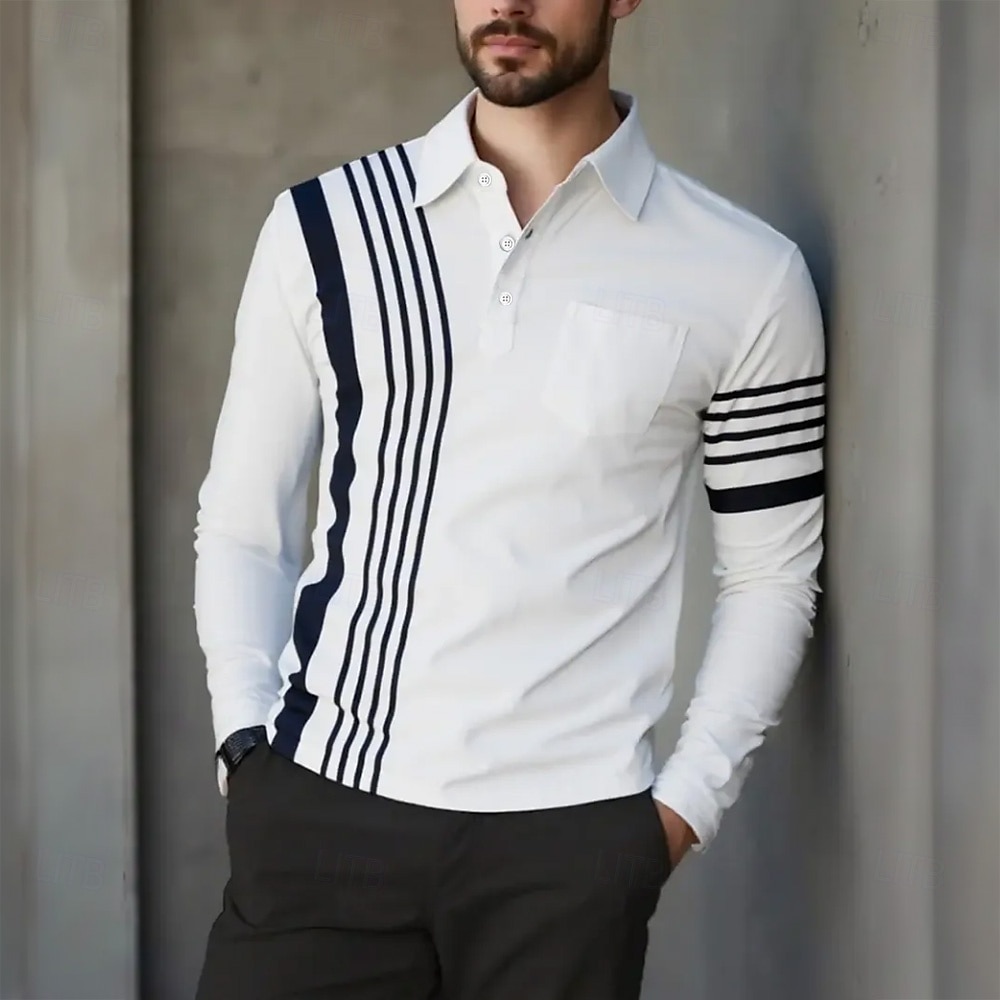 Herr Randig Polo Långärmad Polotröjor Kavajslag Business Casual Företag Fritids- Ficka Knappar Sommar Vår Höst Vit 2025 - $25.99 –P1
