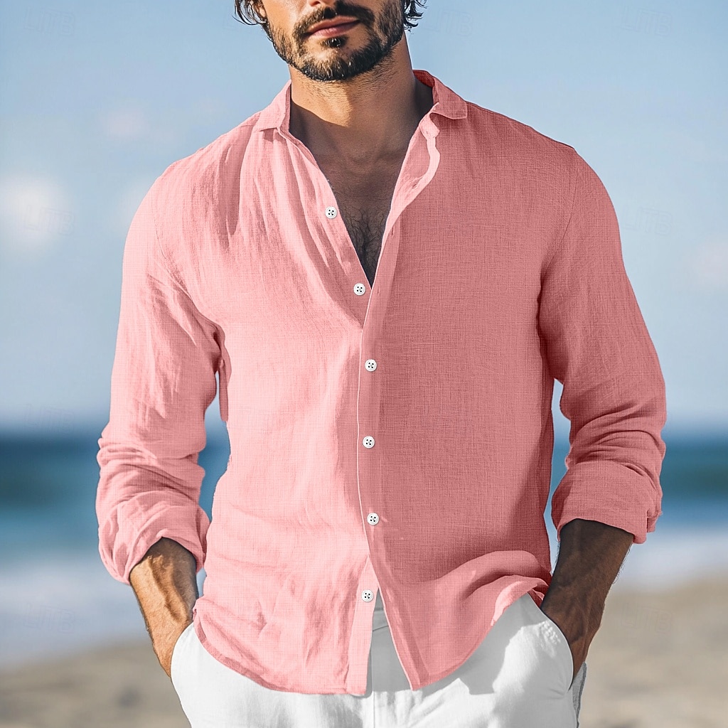 Herren Hemd Leinenhemd Sommerhemd Strandbekleidung Knopfhemd Einfach Urlaub Lässig Rote Blau Grün Grau Langarm Umlegekragen Sommer Frühling & Sommer Bekleidung 2025 - $23.99 –P5