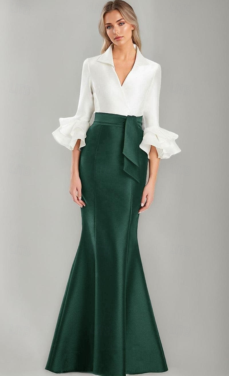 schwarz-weißes Abendkleid Meerjungfrau/Trompete Abendkleid elegantes Kleid formelle Hochzeit bodenlang Halbarm Hemdkragen Stretch-Satin mit Rüschen 2025 2025 - $139.99 –P9