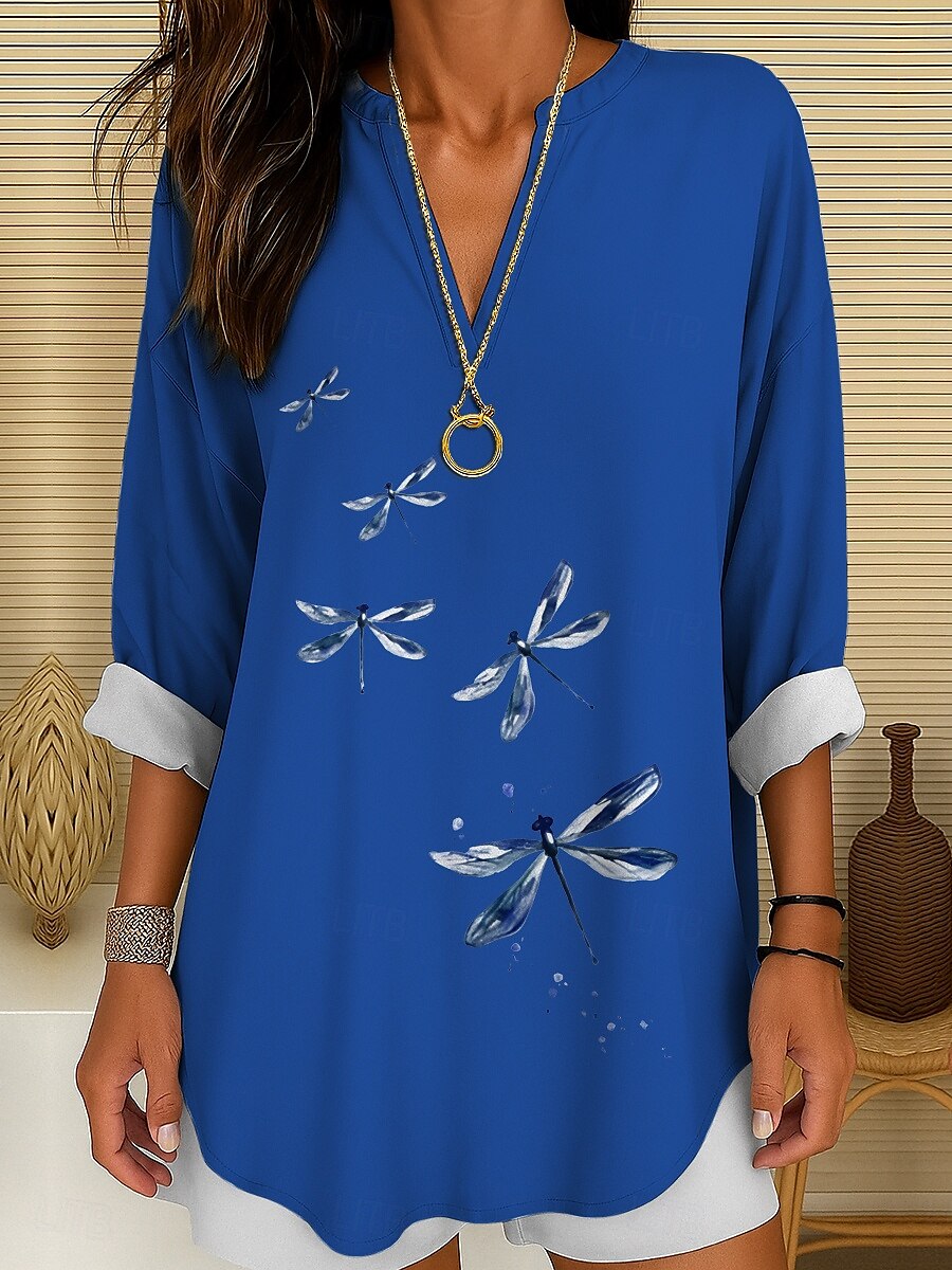 Femmes Chemisier Graphique Animal Libellule Bohème ancien Tropical manche longue Col en V Hauts Réguliers Quotidien Fête Tenue de plage Imprimé Noir Blanche Rouge Bleu Violet Été Printemps de 2025 ? $24.99 –P7